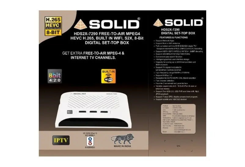 SOLID HDS2X-7290 S2X, HEVC 8bits H.265 Free-To-Air Wifi Set Top Box with Inbuilt Wifi Garima Electronics