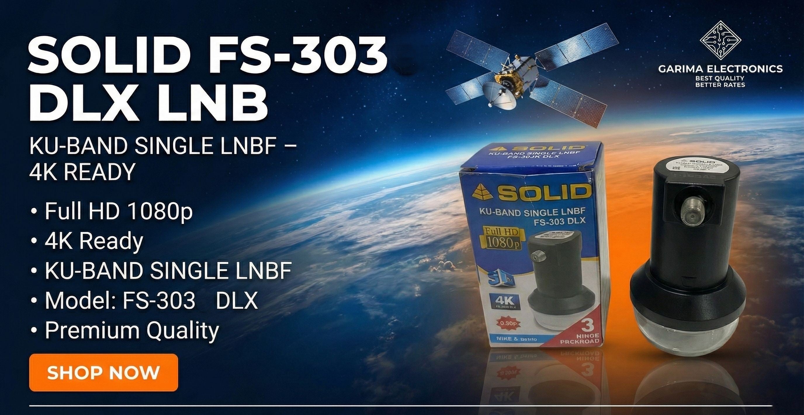 Solid FS-303 DLX LNB product with packaging and Earth in the background