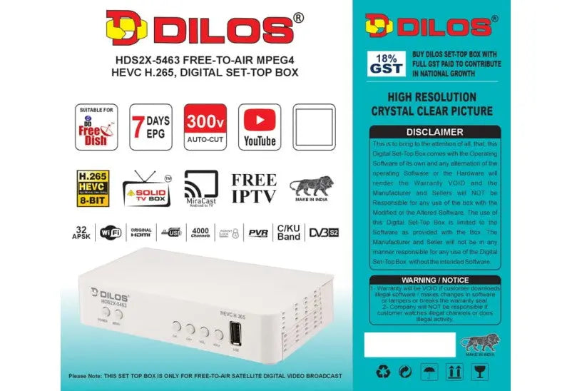 DILOS HDS2X-5463 HEVC 8bits H.265 Free Dish HD Set Top Box Garima Electronics